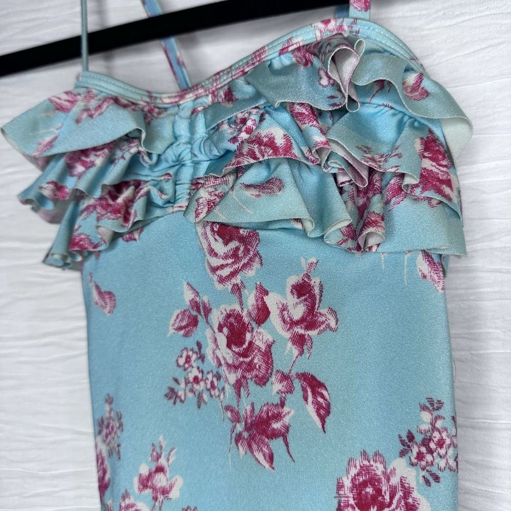 Janie and Jack Pink Floral Blue Ruffle Swimsuit One Piece Girl's Size 6 - Picture 2 of 9